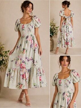 ASOS Floral Cottagecore Puff Sleeve Midi/Maxi Dress Tie Back Romantic 4 Coquette